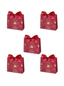 5pcs Merry Christmas Gift Bags With Satin Ribbon Bows, Gold Foil Bells Snowflakes Stars And Reindeer Print, Assorted Color Mini Packaging For Jewelry, Small Presents, Xmas Party Favors, Stocking Fillers And Holiday Gift Exchange - 11.5X4.5X10cm - View 12