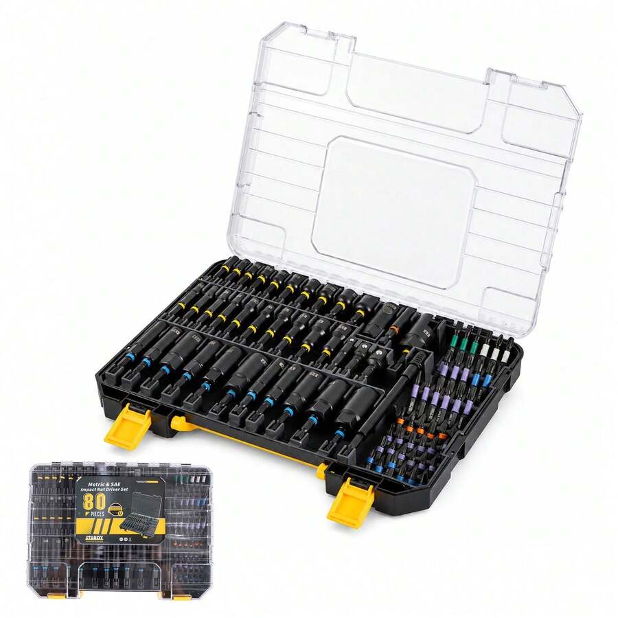 Universal 80 Units Magnetic Nut Driver Set Covering Metric & Imperial Dimensions, Socket Adapters And Compact Storage Box, Practical Tool Kit For Garage Projects And Household Repair Needs - black - View 1