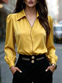 Women's Solid Color Satin Long Sleeve Shirt, Contrast Trim Collar, Cuffed Sleeves, Business Casual Style Yellow - Yellow - View 4