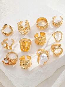 12/3pcs Set Asymmetric Pearl Flower Rings, Geometric Design, Iridescent, Hollow Round, Multi-Layer Metal Texture, Extra Large, Rugged Chic, Elegant Vintage, Suitable For Holidays, Parties, Dates, Gifts, Daily Wear - Gold - View 5