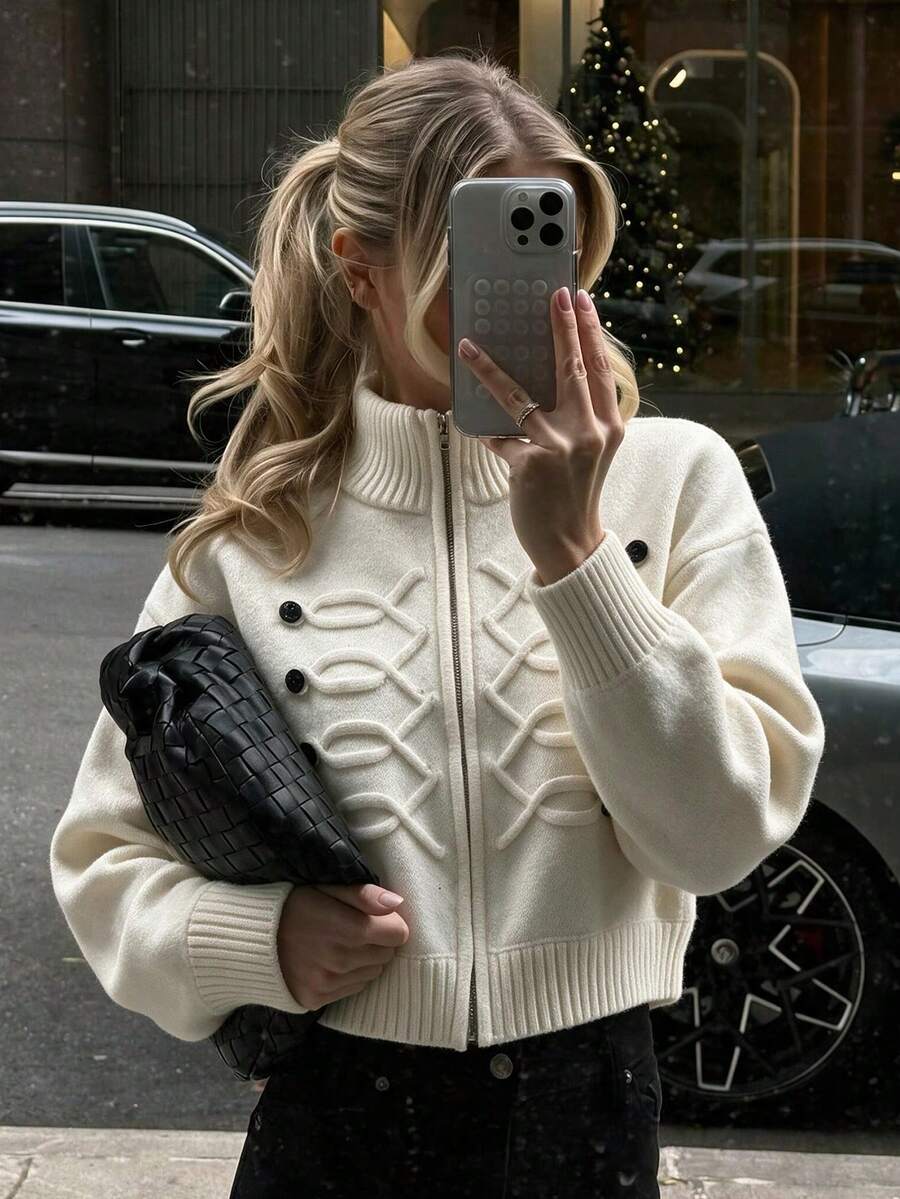 Women's Fashion White Knit Zipper Cardigan - Apricot - View 1