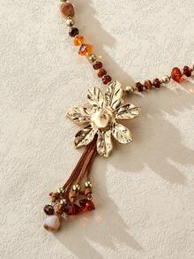 Nocturel 1 buah Kalung Rantai Logam Manik-Manik Motif Bunga Modis, Cocok untuk Pemakaian Sehari-hari Wanita - Coklat - View 4