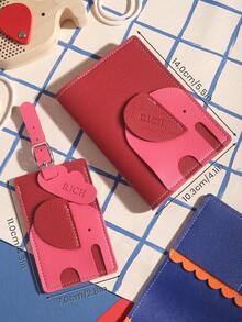 2PCS Personalized Passport Holder & Luggage Tag Set Custom Name Cute Elephant Shaped Color Block Design With Scallop Lining Passport Cover - Multicolor - View 5