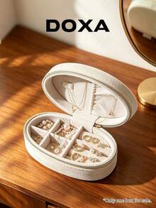 DOXA Beige Oval Velvet Zipper Jewelry Organizer Box With Compartments Anti-Tangle Earring Ring Necklace Travel Portable Storage Box - Off-white - View 2