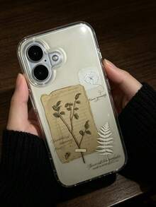 1pc Scratch‑Resistant Nostalgia Old Paper Fern Floral Splicing Protective Case, Unisex Fit, Ideal For Weekend Outing Photo Shooting, Great Festival Surprise Gift Compatible With IPhone11 12 13 14 15 16 17 Pro Max - Multicolor - View 2