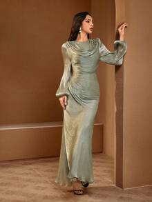 Women's Elegant Green Mermaid Gown, Decorated With Pearls, Long Bishop Sleeves, Ruched Corset, Suitable For Formal Evening Events - Mint Green - View 6