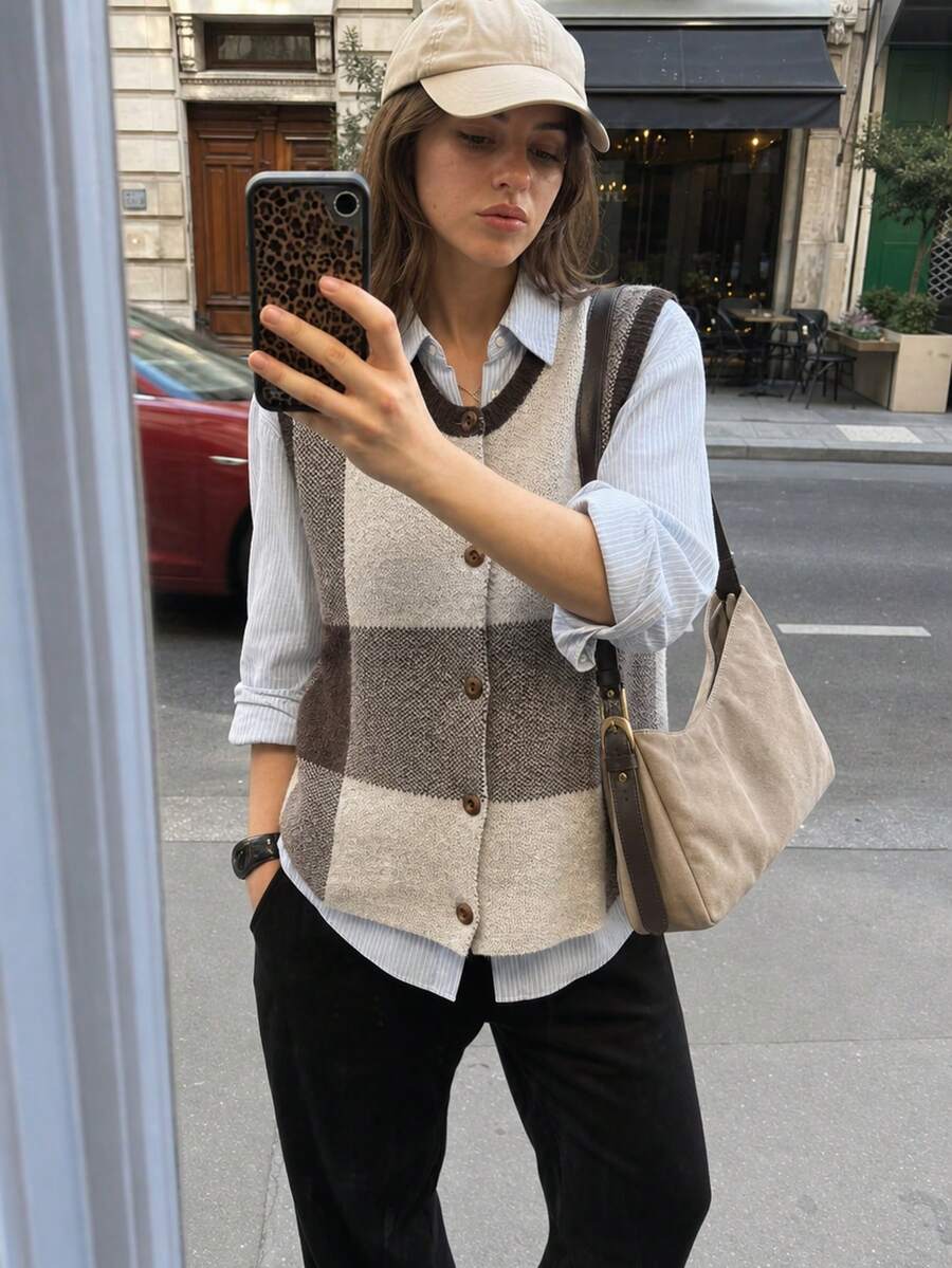 Women's Autumn/Winter Color Block Patchwork Round Neck Knit Cardigan Vest, Simple Casual Sweater Top, Versatile Style - Beige - View 1