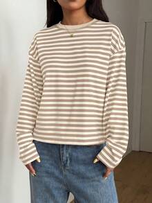 女款休閒圓領落肩長袖條紋聖誕黑紅對比羅紋日常T恤 - 卡其色 - 查看 6