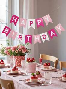 1 Set Pink Happy Birthday Paper Bunting, Modern Metallic Letter Graphic Decorative Pull Flag, Suitable For Birthday Party Event Decoration - A - View 2