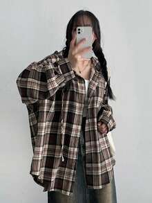Women's Spring/Autumn Casual Daily Office Commute College Style Printed Drop Shoulder Loose Long Sleeve Shirt - Brown - View 3