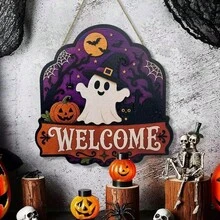 New Halloween Wooden Welcome Door Sign With Ghost And Pumpkin Wall Decor For Holiday Party - Multicolor - View 8
