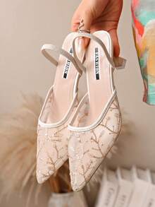 New Chinese Style White High Heel Women's Half-Slip Thin Heel Pointed Toe Lace Embroidered 2-In-1 Sandals - Beige - View 6