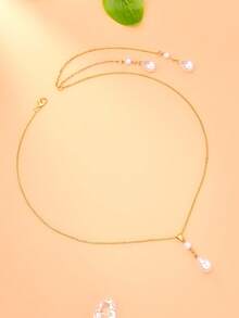1pc Water Drop Pearl Y-Shaped Back Chain Wedding Dress Accessory, Backless Wedding Pearl Necklace - Gold - View 3