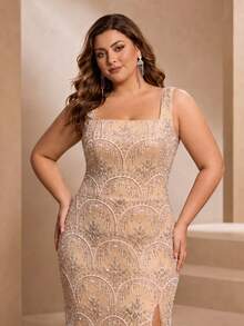 VIPGIRL Apricot Women's Long Knit Evening Dress, Decorated With Beaded Details And Lace-Up Back, Elegant Plus Size Ball Gown - Apricot - View 4