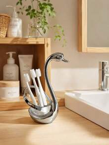 1pc Luxury Swan Design Toothbrush Holder, Stainless Steel Desktop Storage Rack, Suitable For Home Bathroom Vanity And Multiple Scenes, Sturdy Placement For Toothbrush And Toothpaste, Exquisite Artistic Craftsmanship Decor, Minimalist Silver Appearance, Space-Saving, Bathroom Desktop Decoration And Storage 2-In-1 Practical Item - Multicolor - View 7