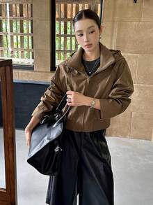 Autumn New Women's Short Motorcycle Jacket With Lining, Ribbed Waist Hem, Fashionable Stand Collar, Zip-Up Hooded College Style Jacket - Brown - View 6