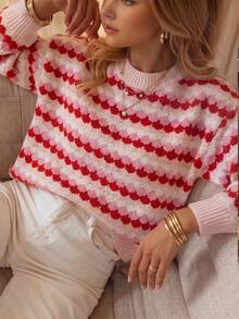 Sweater Pullover Kasual Wanita Warna Pink untuk Musim Gugur/Dingin, Atasan Lengan Panjang Bahu Longgar Rajut Bergaris Warna Blok, Set Pakaian Kembali ke Sekolah Musim Gugur - MultiWarna - View 4