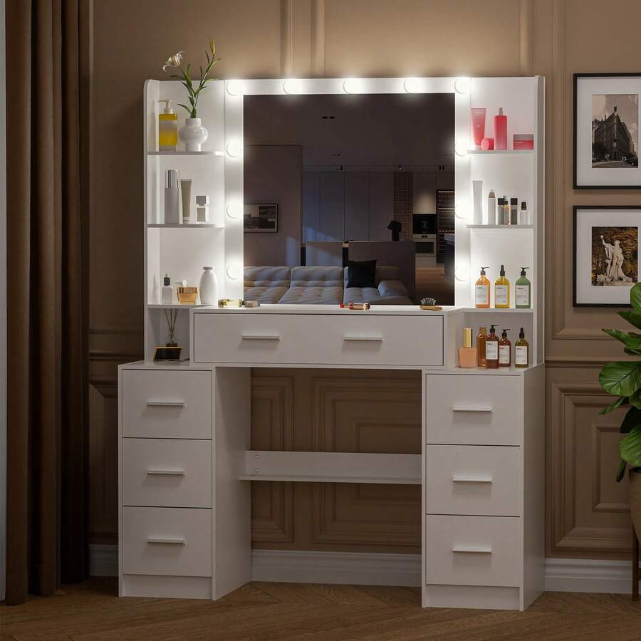 Teousev Dressing Table With LED Lighted Mirror, Vanity Makeup Desk With 7 Drawers, Open Side Storage Shelves, 3 Colour Dimmable Lights, White Cosmetic Dressing Table For Bedroom - White - View 1