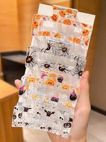 4Pcs Halloween Pumpkin Print Hair Clips, Pumpkin Spider Bat Skull Ghost Pattern Decoration, Party Hair Tie Ponytail Hair Accessory, Can Be Given As Gift And Add Halloween Atmosphere - Multicolor - View 5