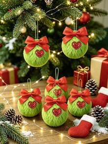 6pcs/Set Christmas Bow Heart-Shaped Plush Ball Decorations, Christmas Decor Set, Suitable For Decorating Christmas Holiday Events, Theme Parties And Celebration Occasions, Also Suitable For Christmas Tree, Fireplace And Christmas Wreath Decoration - Multicolor - View 1