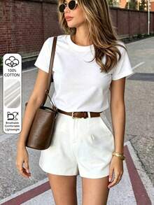 Women's Fashionable Elegant Solid Color T-Shirt - Casual White Summer - White - View 7