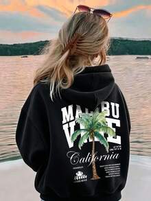 青少年女孩連帽衫，Malibu 風格加州海灘棕櫚樹背後圖案印花，秋冬休閒校園上衣 - 黑色 - 查看 1