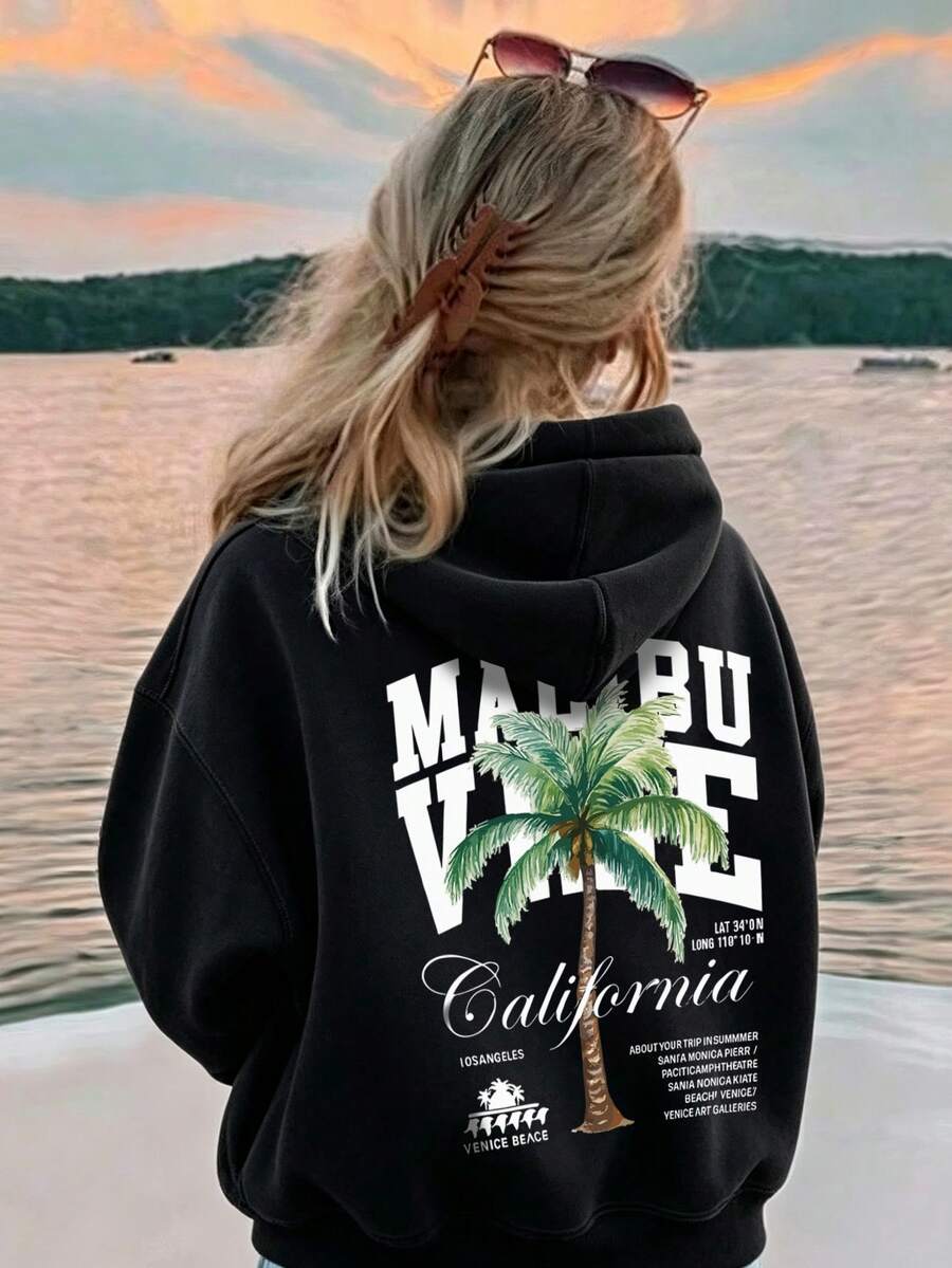 青少年女孩連帽衫,Malibu 風格加州海灘棕櫚樹背後圖案印花,秋冬休閒校園上衣 - 黑色 - 查看 1
