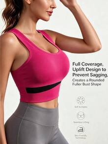 Runway Rest Women's Backless Ribbed Sports Bra, Magenta And Black Colorblock Mesh Quick-Dry High Support Yoga Crop Top, Suitable For Fitness Training - Multicolor - View 10