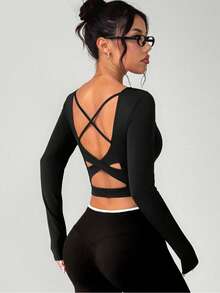 1PC Black Cross Hollow Back Short Long Sleeve Women's U Neck Slim Fit Fitness Top - Black - View 5