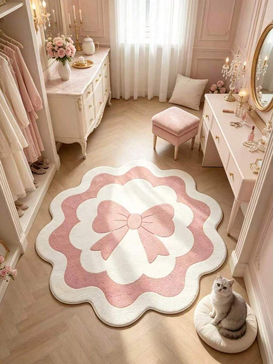 1pc Pink & White Bowknot Rug, Decorative Carpet, Bedroom Decor, Small Rug, Carpet, Home Decor, Living Room Rug, Living Room Small Rug, Bedroom Carpet, Living Room Home Decor, Outdoor Rug, Washable Carpet, Graduation Gift - Pink and White Bow - View 1