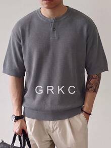GRKC Men's Unisex Round Neck Knit Short Sleeve Slim Fit Casual Versatile Commute Spring Summer Top - Grey - View 1