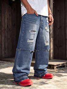 Men's Vintage Washed Blue 2 In 1 Double Layer Patchwork Wide Leg Denim Jeans, Double Layer Frayed Hem Distressed Casual Denim Pants - Blue - View 4