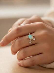 Fantasy Sparkling Opal Turtle & Star Separable Ring, Silver Plated Rhinestone Zirconia Open Adjustable Finger Ring, Minimalist Ocean & Sky Theme Jewelry - White - View 4