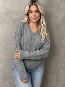 Women's Cable Knit V-Neck Sweater, Long Sleeve Regular Fit Knit Top, Medium Stretch Fabric, Fashion Solid Color Pullover - Grey - View 3