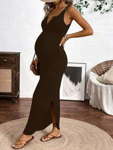 Parara Maternity One-Piece Long Pants Tank Top V-Neck High Elasticity Dress, Comfortable And Fashionable Maternity Dress Summer - Brown - View 4