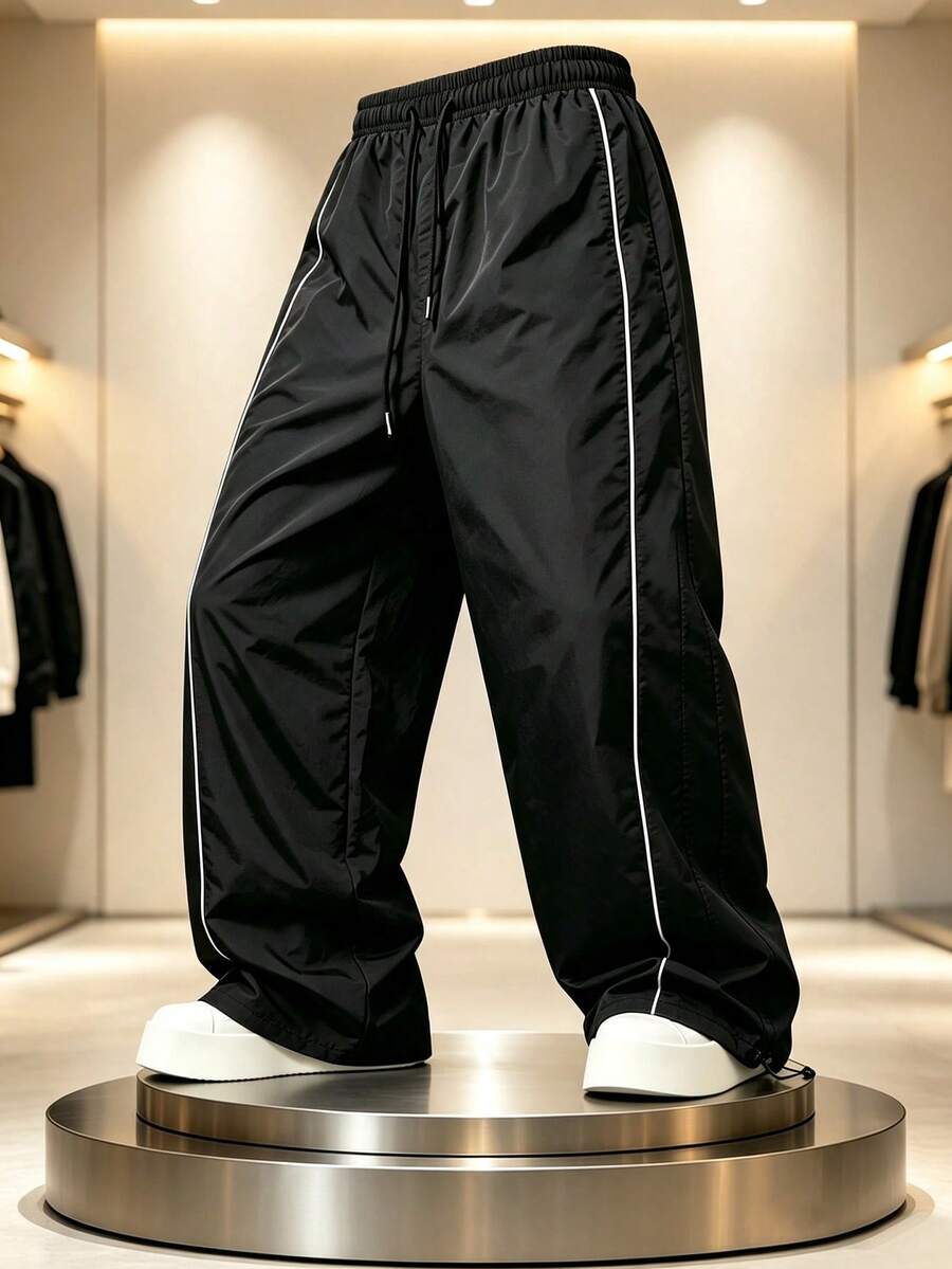 Men's Loose Fit Nylon Casual Sports Long Pants, Lightweight Wide Leg Pants, Elastic Drawstring Waist, White Side Trim, Suitable For Street Daily Wear - Black - View 1