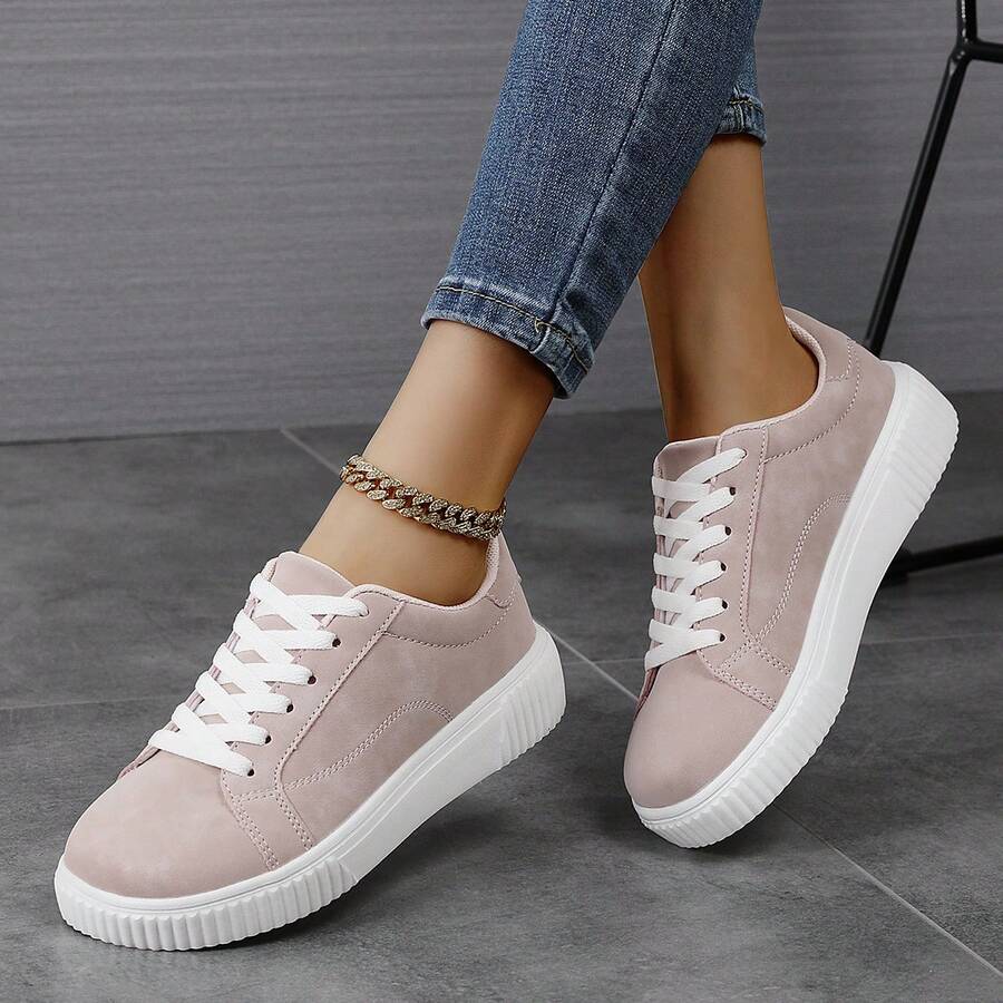 Unisex Wide Toe Box Colorblock Casual Sports Shoes, Lace-Up Lightweight Flat Walking Skateboard Shoes - Baby Pink - View 1