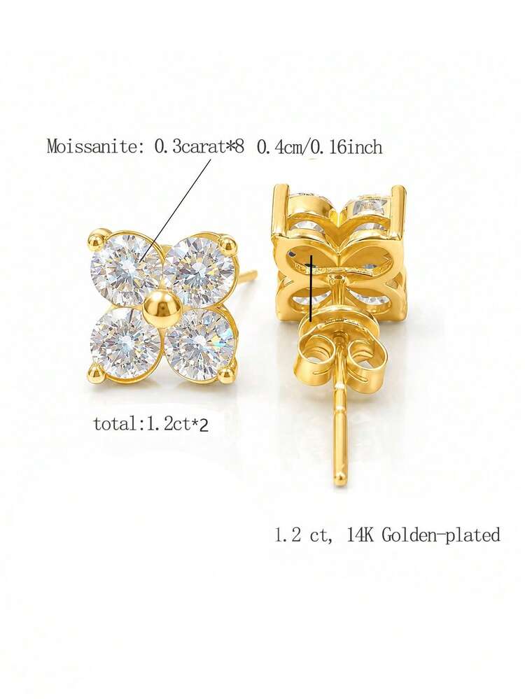 KAHOOT 1 Pair Exquisite 925 Sterling Silver Moissanite Earrings, Delicate Floral Design, Suitable For Daily Wear, Dating And Vacation - Gold - View 9