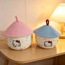 SANRIO 1pc Cartoon Embroidered Cotton Rope Woven Storage Basket With Lid, Pink Top Cover, Polka Dot & Heart Design, Desktop Organizer Box For Dolls, Snacks And Sundries, Girly Bedroom Home Decor Storage Organizer - One Size - View 4