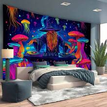 巫師 DJ 掛毯 霓虹發光水母與彩色蘑菇印花 牆掛布 星空銀河背景 客廳 宿舍 臥室 唯美嬉皮居家藝術裝飾布 - 水母蘑菇 - 查看 5