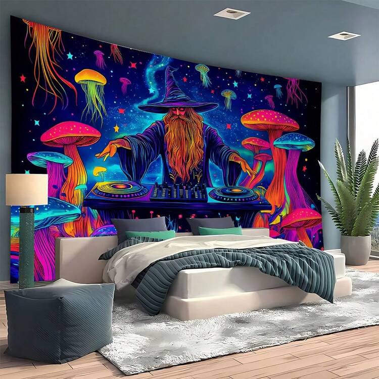 Hiasan Dinding Motif Ubur-ubur Neon Bercahaya dan Jamur Warna-warni, Latar Belakang Galaksi Berbintang untuk Ruang Tamu, Kamar Tidur Asrama, Dekorasi Rumah Estetik Gaya Hippie. - Jamur Ubur-ubur - View 5