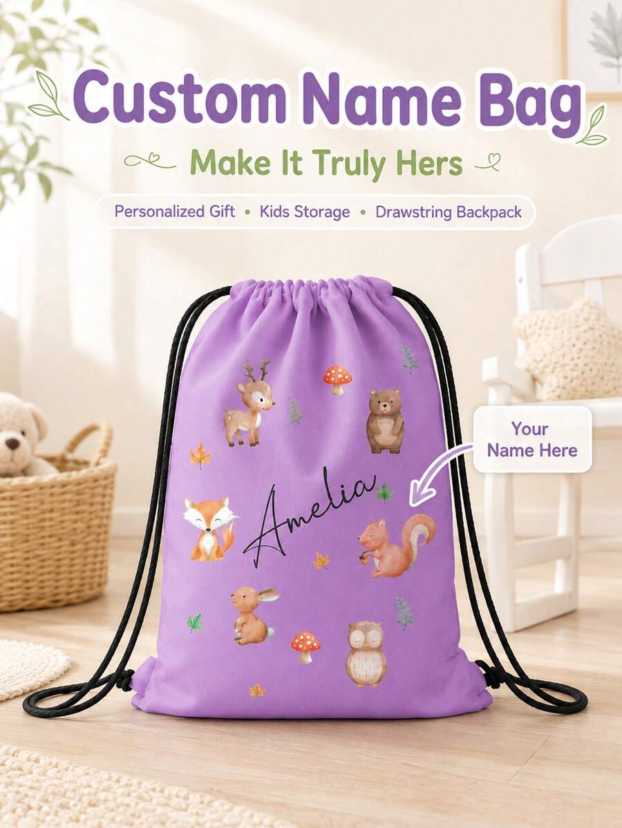 Customized Wildlife Zoo Animal Name Drawstring Bag - Personalized Zoo Text Backpack, Suitable For Picnic, Unique Gift Bag, Can Be Used As Birthday Party, Baby Shower Gift And Customized Birthday Gift - Multicolor - View 1