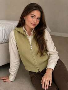 Women's Ribbed Knit Zip-Up Turtleneck Vest, Sleeveless Solid Sweater Waistcoat - Mustard Yellow - View 3
