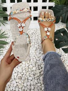 Damen Sommer Mode Boho Flache Sandalen, gewebtes Hohldesign mit Blumen- und Metallelement, geeignet für Strand, Urlaub, Dates und verschiedene Anlässe, Orange - Orange - Übersicht 4