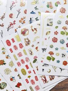 12 Buah Stiker Kuku Gaya Cina, Foil Emas, Burung Walet Bambu, Kaligrafi, Pola Jendela Lentera, Stiker Seni Kuku Perekat untuk Dekorasi Manikur DIY - MultiWarna - View 8