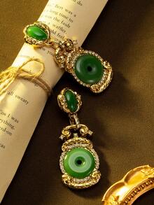 1 Pair Women's Fashion Jewelry Earrings, Luxurious Light Luxury Jade Peace Buckle Chinese Style New Chinese Heavy Work Earrings, Suitable For Daily Wear And Vacation - Multicolor - View 6