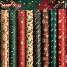 34/68/106pcs Christmas Gift Wrapping Paper Santa, Snowflake, Stripe, And Christmas Tree Designs, Includes Christmas Stickers - Multicolor - View 1
