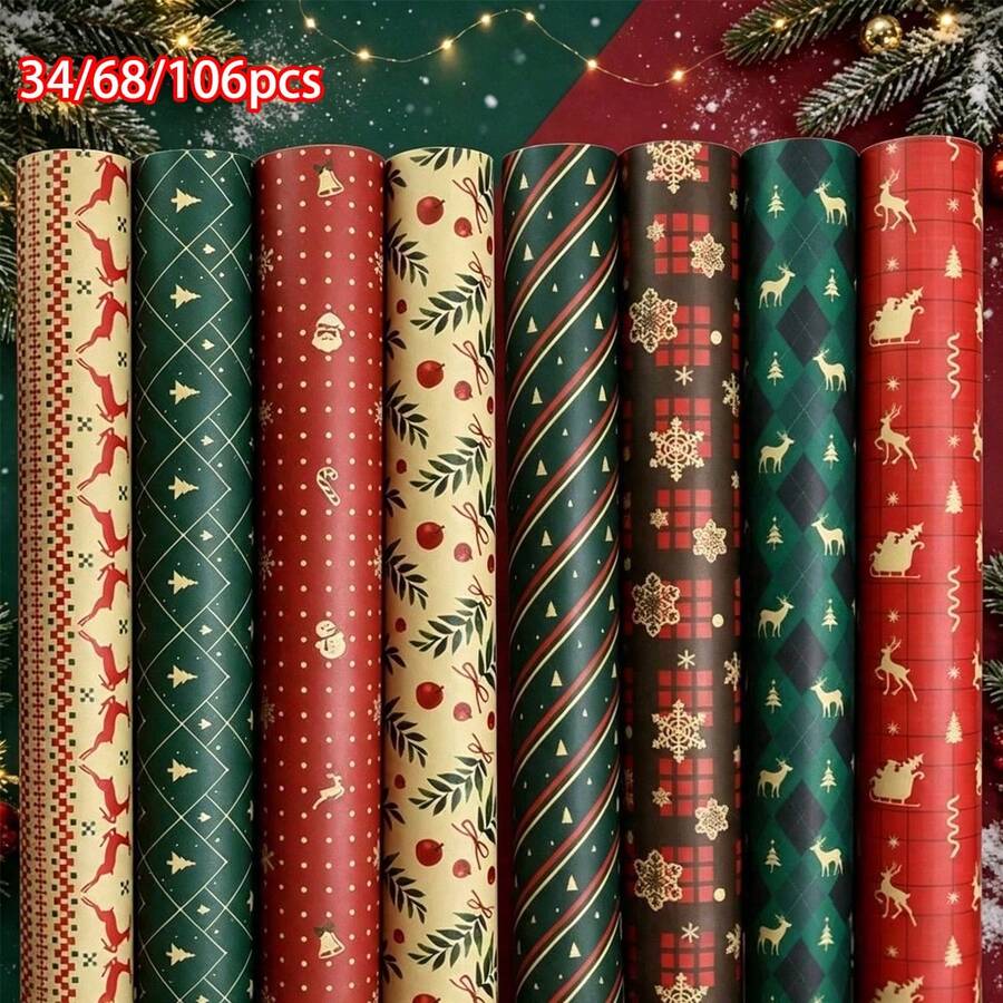 34/68/106pcs Christmas Gift Wrapping Paper Santa, Snowflake, Stripe, And Christmas Tree Designs, Includes Christmas Stickers - Multicolor - View 1