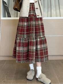 Women's Autumn/Winter Red Plaid Wool Flattering High Waist Versatile Cake Midi Umbrella Skirt - Burgundy - View 1