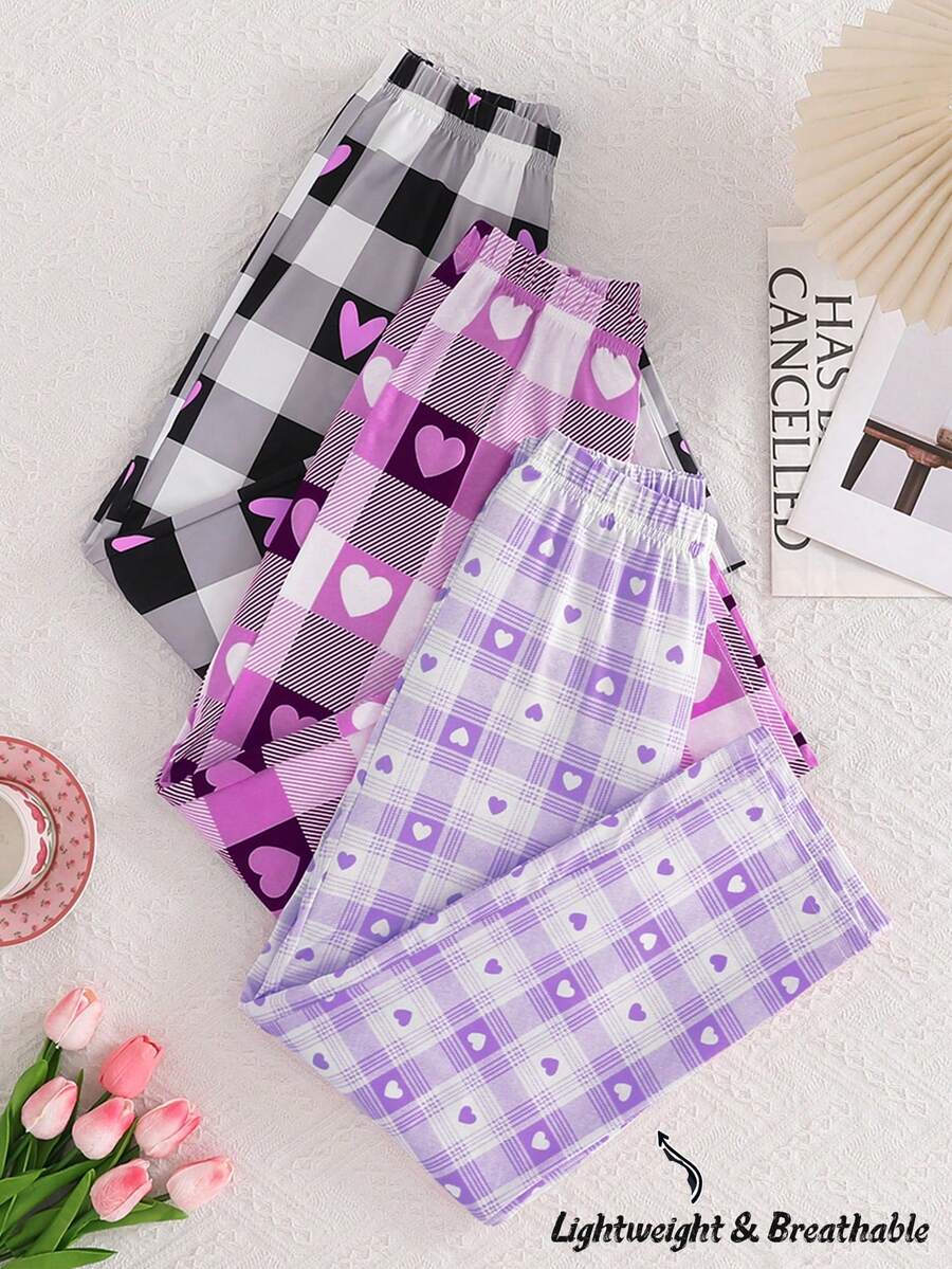 3pcs Fashionable Girls Casual Plaid Pants, Heart Design, Valentine's Day Wide Leg Loose Comfortable Pants, Suitable For Spring And Autumn Children's Clothing, Soft And Comfortable Fabric - Mauve Purple - View 1